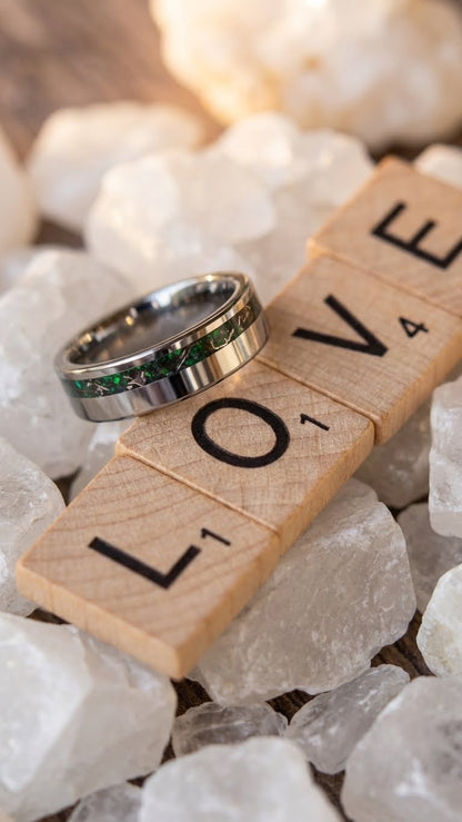 Real Meteorite And Green Opal Tungsten Wedding Ring, Unique Silver Band