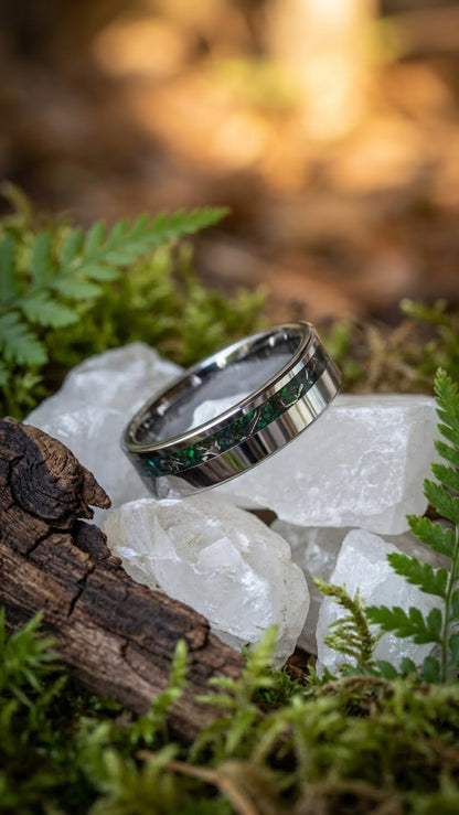 Real Meteorite And Green Opal Tungsten Wedding Ring, Unique Silver Band