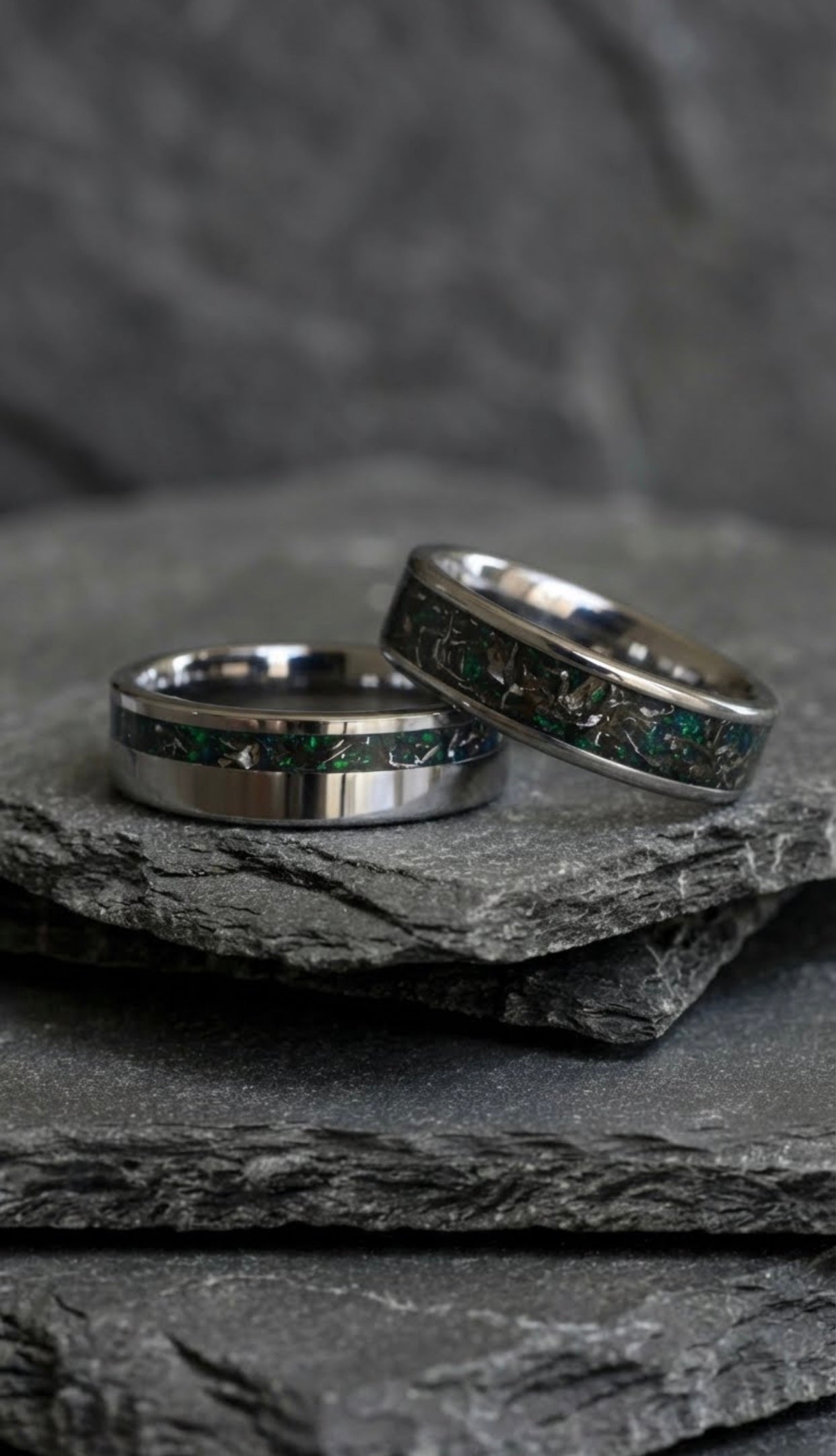 Meteorite Green Opal Tungsten Ring Set, His and Hers Wedding Bands