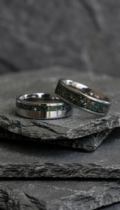 Meteorite Green Opal Tungsten Ring Set, His and Hers Wedding Bands