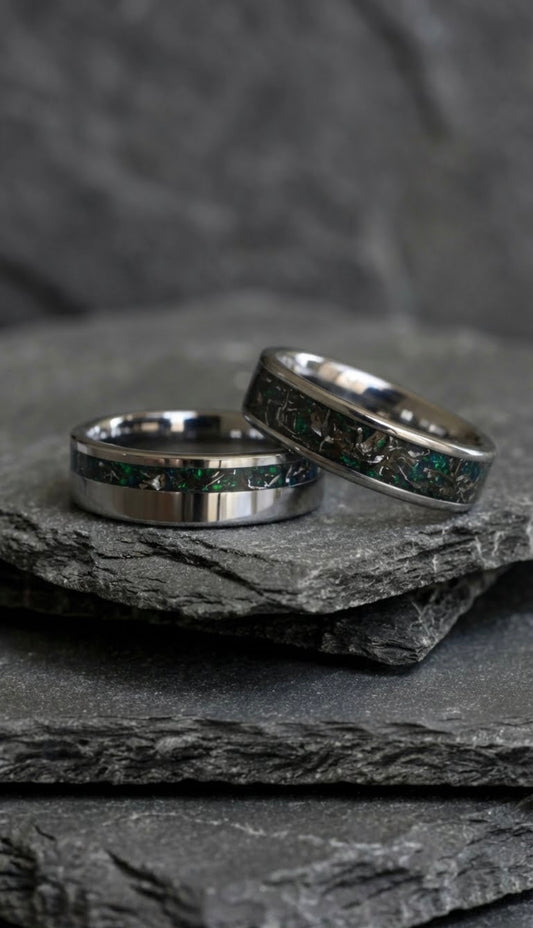 Meteorite Green Opal Tungsten Ring Set, His and Hers Wedding Bands