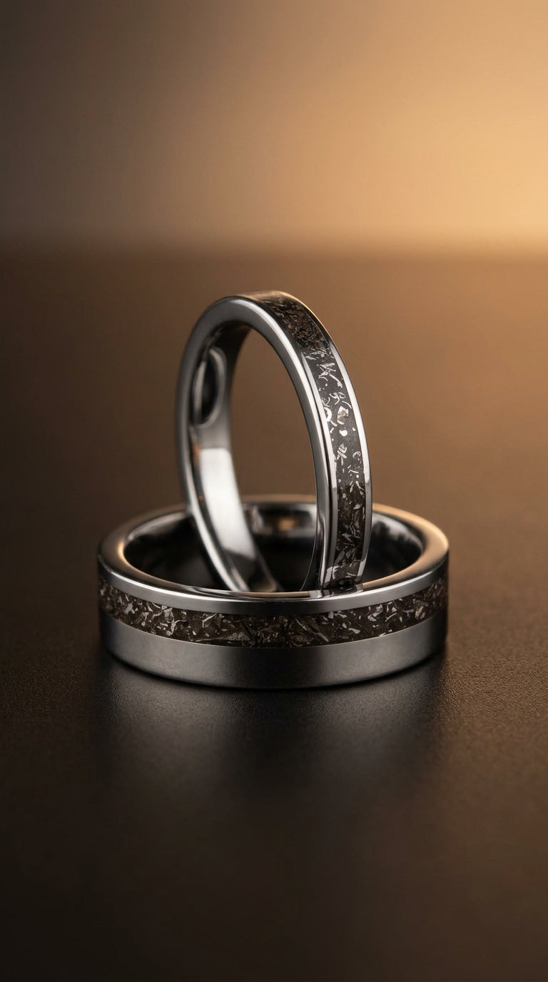 Meteorite Tungsten Wedding Ring Set, His and Hers Promise Rings