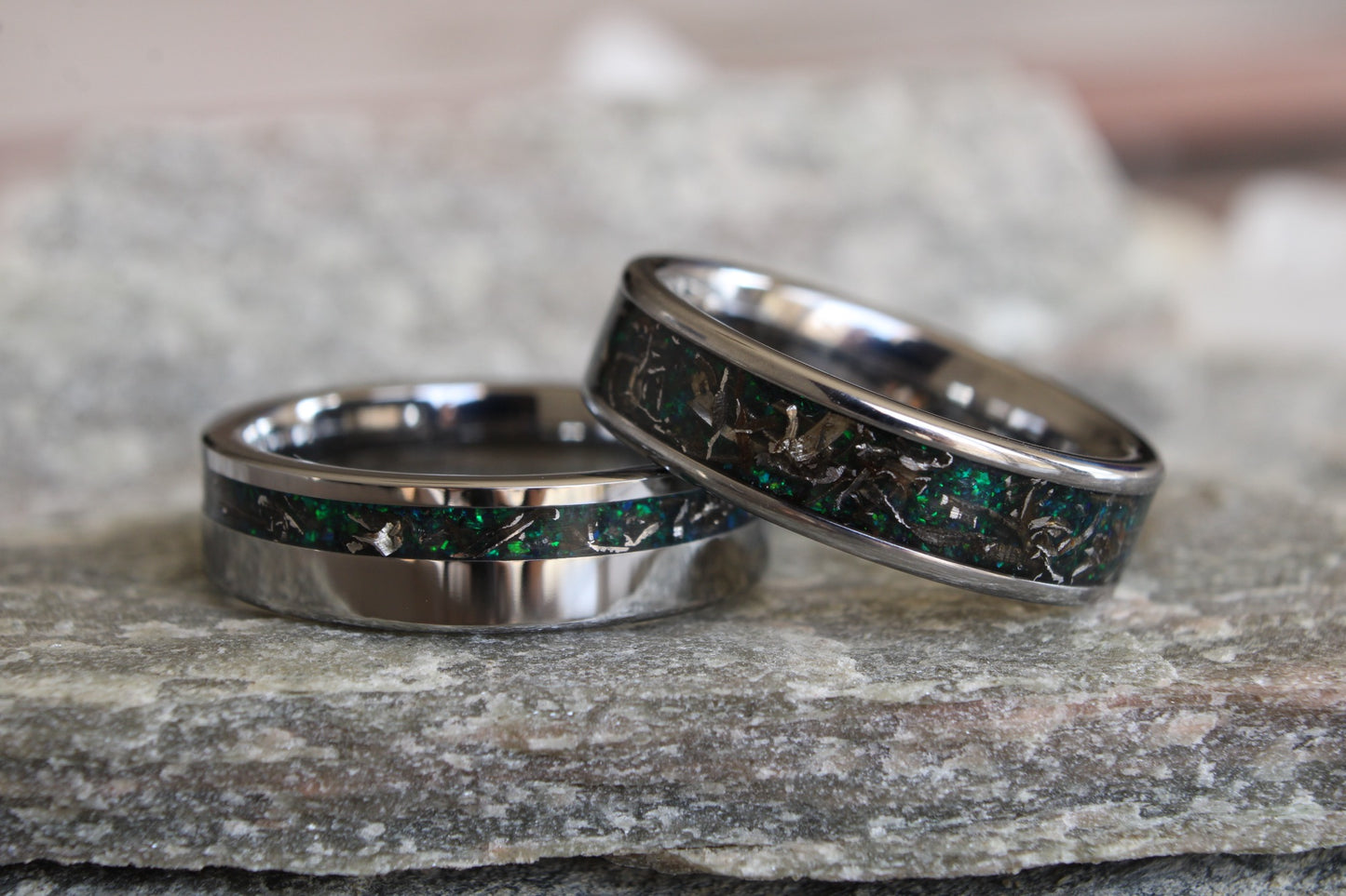 Meteorite Green Opal Tungsten Ring Set, His and Hers Wedding Bands