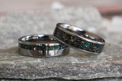 Meteorite Green Opal Tungsten Ring Set, His and Hers Wedding Bands