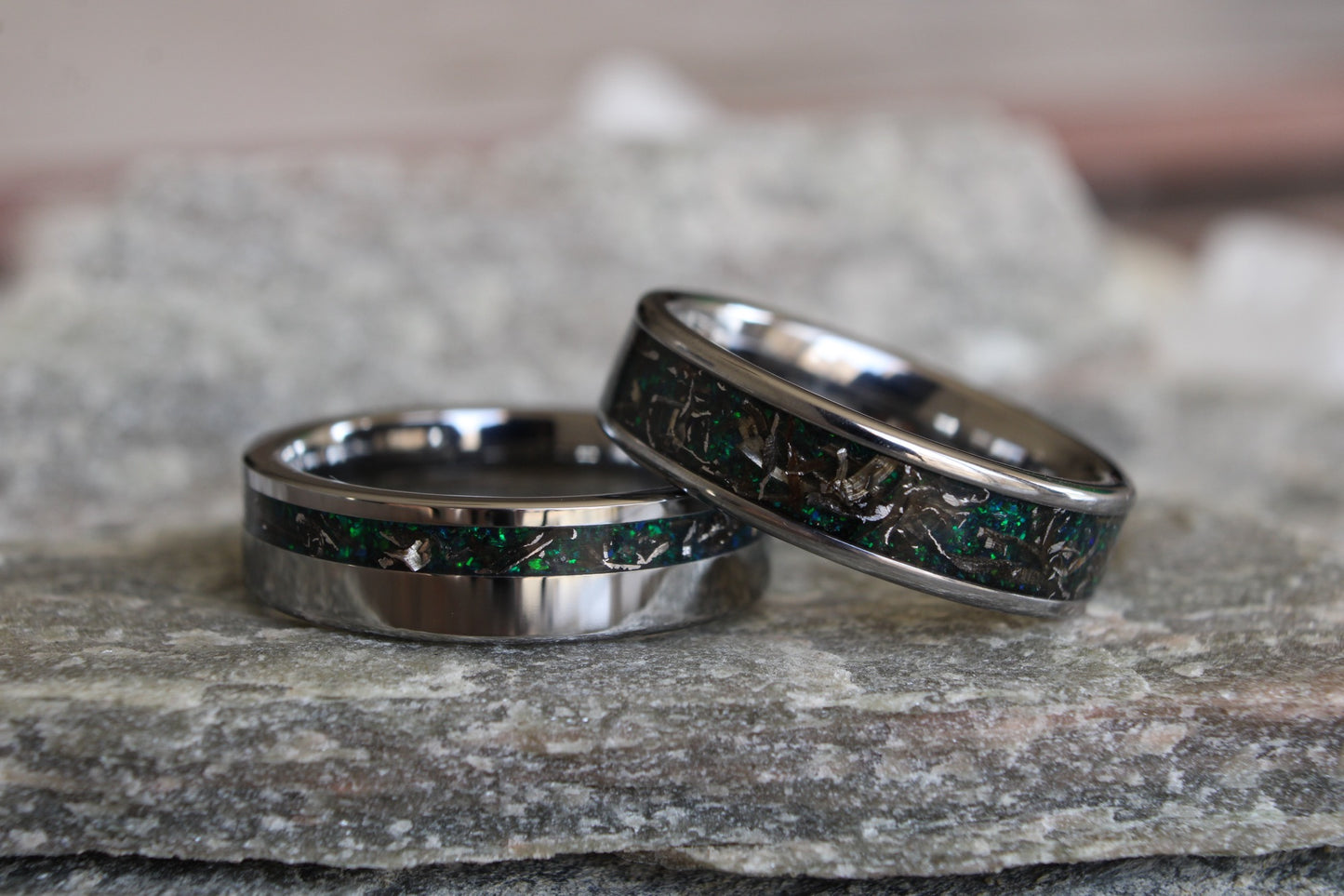 Meteorite Green Opal Tungsten Ring Set, His and Hers Wedding Bands