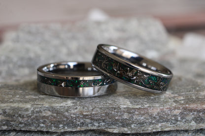 Meteorite Green Opal Tungsten Ring Set, His and Hers Wedding Bands
