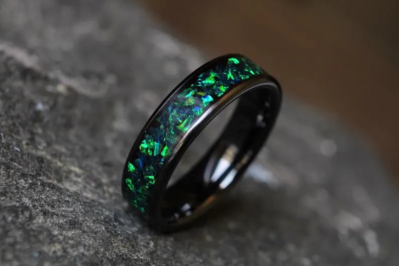 Green Opal Ceramic Engagement Ring, Handmade Wedding Band