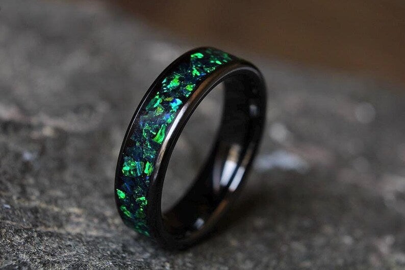 Green Opal Ceramic Engagement Ring, Handmade Wedding Band