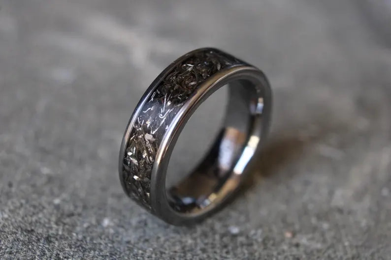 Meteorite Tungsten Ring, Handmade Silver Wedding Band, 6mm
