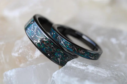 Real Meteorite and Blue Opal Ring Set, Titanium Carbide His & Hers Wedding Bands