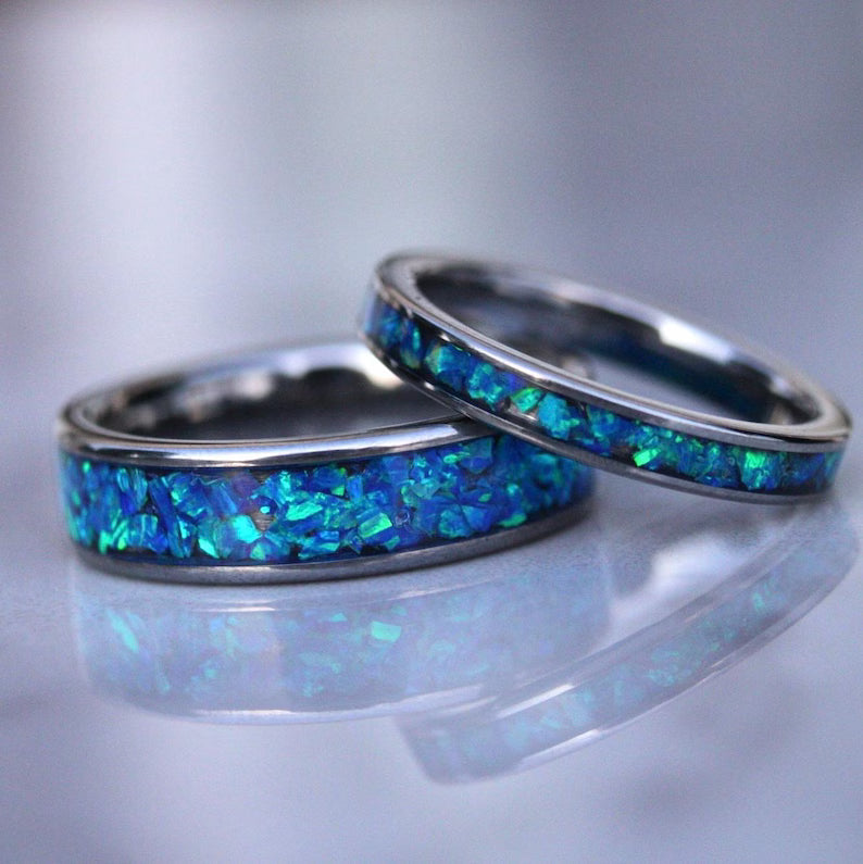 Blue Opal Tungsten Wedding Ring Set, His and Hers, Handmade Jewelry