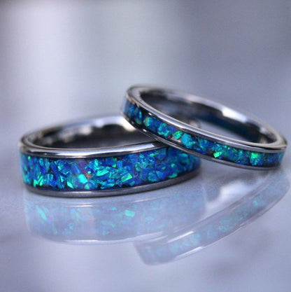 Blue Opal Tungsten Wedding Ring Set, His and Hers, Handmade Jewelry