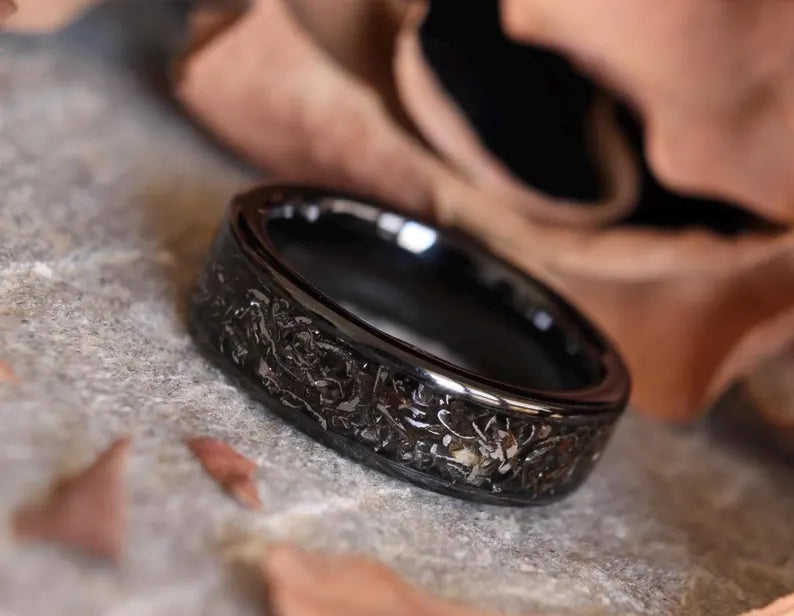 Meteorite Titanium Carbide Ring, Unique Black Wedding Band