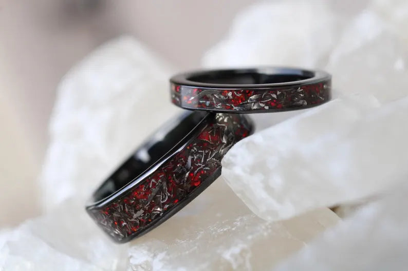 Real meteorite and red opal titanium ring set engagement rings for her matching wedding bands rings his and hers promise rings jewellery