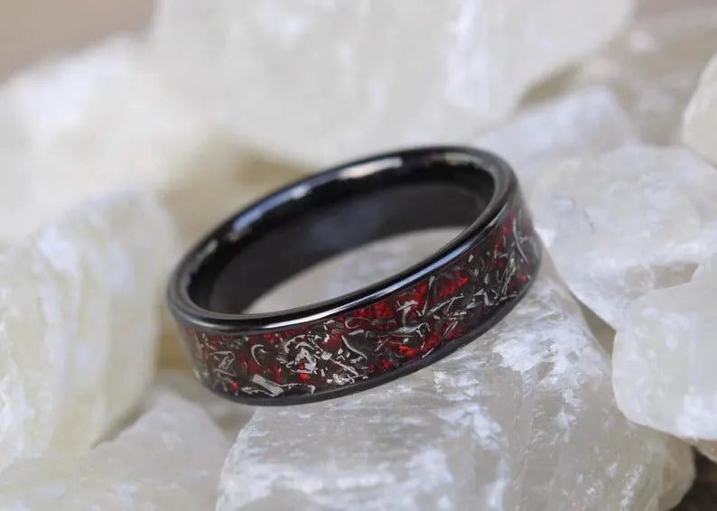 Real Meteorite and Red Opal Titanium Carbide Ring, Unique Black Band