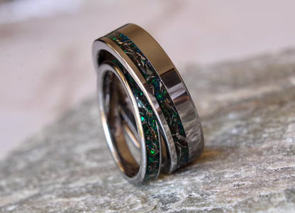 Real Meteorite And Green Opal Tungsten Ring Set, His and Hers Wedding Ring Set