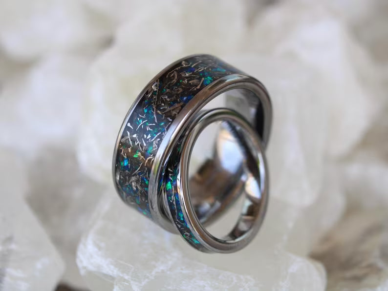 Real Meteorite And Blue Opal Tungsten Wedding Ring Set m