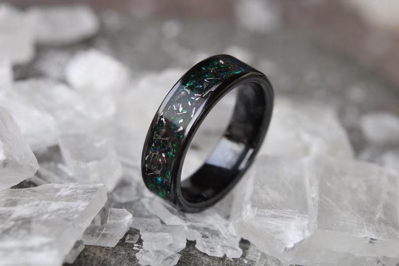 Real Meteorite Green Opal Titanium Carbide Ring, Black Band