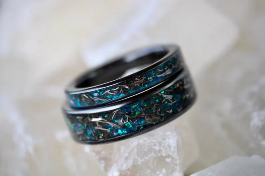 Real Meteorite and Blue Opal Ring Set, Titanium Carbide His & Hers Wedding Bands