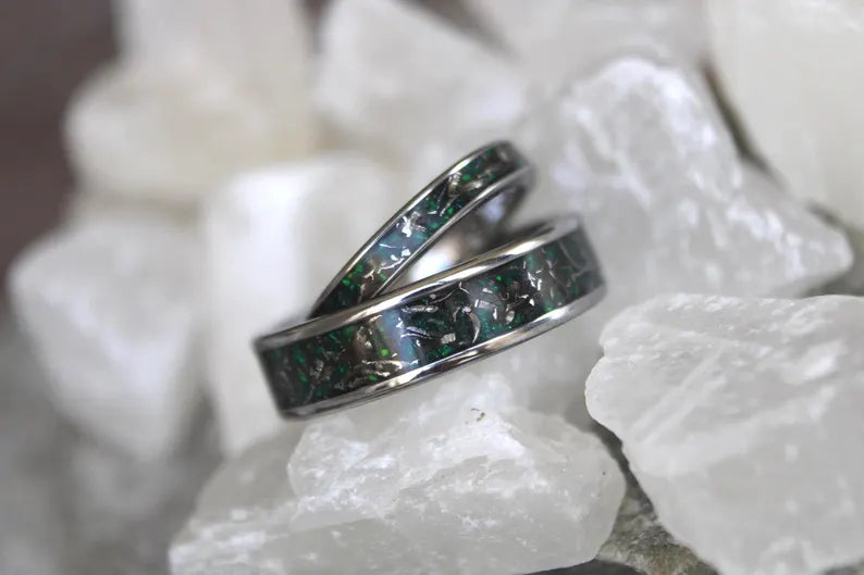 Real meteorite & Green Opal Tungsten Wedding Ring Set, Handmade Wedding Bands