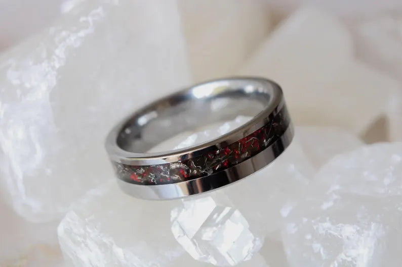 Real Meteorite And Red Opal Tungsten Wedding Ring, Unique Silver Band
