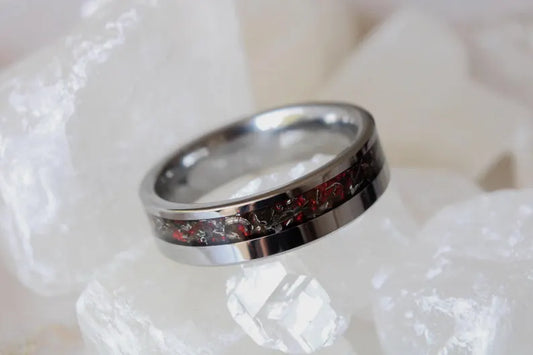 Real Meteorite And Red Opal Tungsten Wedding Ring, Unique Silver Band
