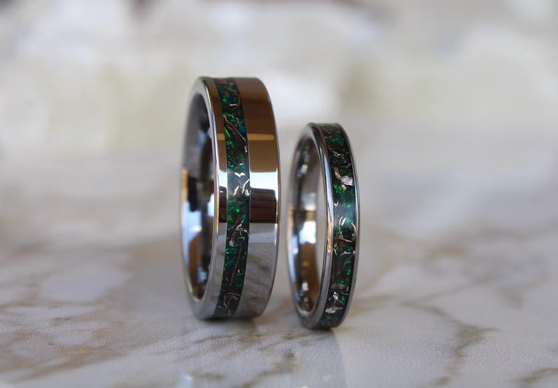 Real Meteorite And Green Opal Tungsten Ring Set, His and Hers Wedding Ring Set