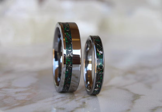 Real Meteorite And Green Opal Tungsten Ring Set, His and Hers Wedding Ring Set