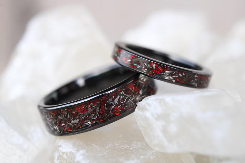 Real meteorite and red opal titanium ring set engagement rings for her matching wedding bands rings his and hers promise rings jewellery