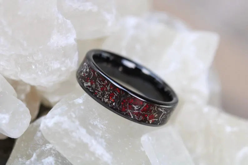 Real Meteorite and Red Opal Titanium Carbide Ring, Unique Black Band