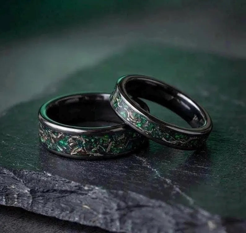 Meteorite green opal titanium wedding ring set, his and hers, Anniversary rings, Engagement rings