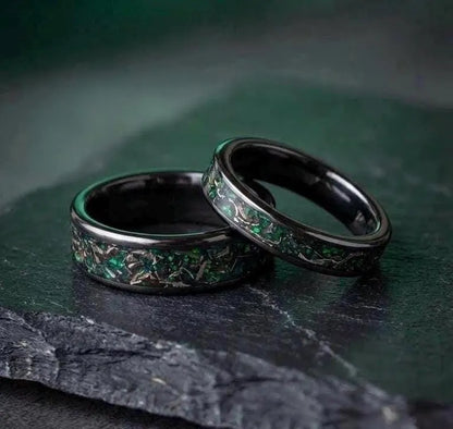 Meteorite green opal titanium wedding ring set, his and hers, Anniversary rings, Engagement rings