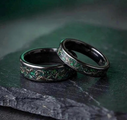 Meteorite green opal titanium wedding ring set, his and hers, Anniversary rings, Engagement rings