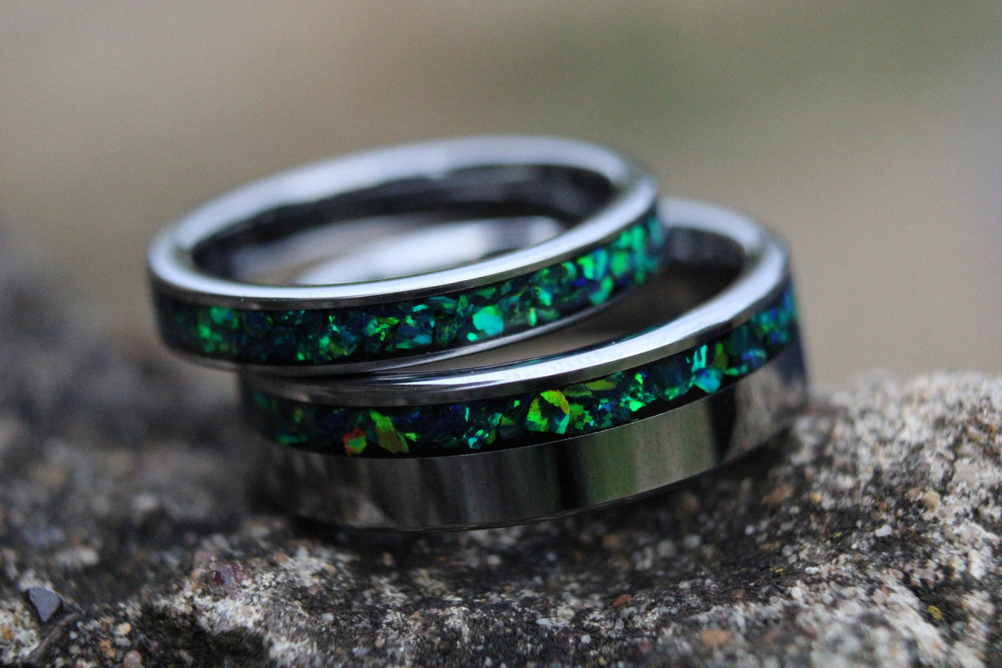 Dark green opal with blue flash, tungsten his and hers  handmade engagement ring set wedding rings for men anniversary ring