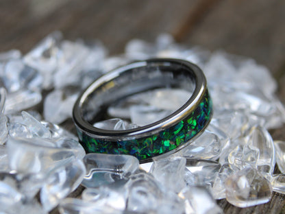 Dark Green With Blue Flash Opal, Tungsten Carbide Anniversary Ring