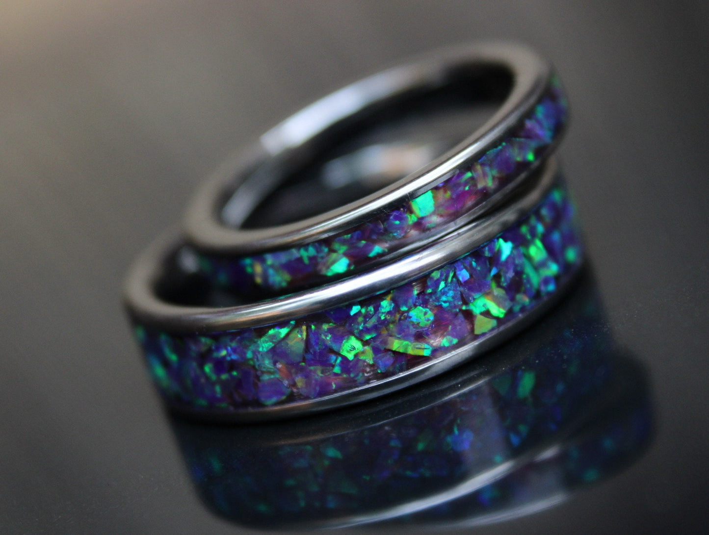 Multi Amethyst Opal, Tungsten Carbide Wedding Ring Set