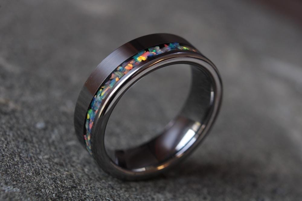 Pastel Rainbow Opal Tungsten Engagement Ring Wedding Band