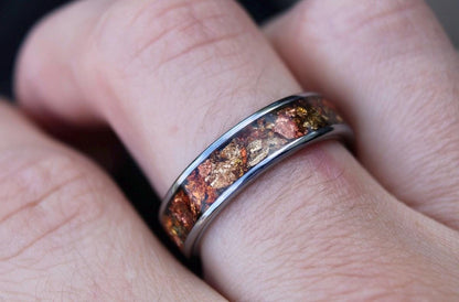 Tungsten Wedding Band Ring with Golden Ember Accents, Engagement rings, anniversary rings, silver wedding ring, rose gold ring, silver band