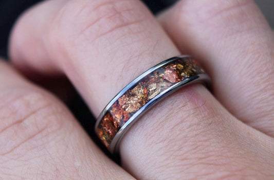 Tungsten Wedding Band Ring with Golden Ember Accents, Engagement rings, anniversary rings, silver wedding ring, rose gold ring, silver band