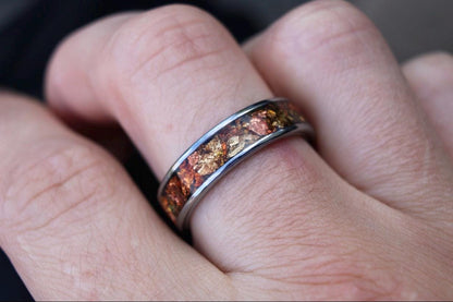 Tungsten Wedding Band Ring with Golden Ember Accents, Engagement rings, anniversary rings, silver wedding ring, rose gold ring, silver band