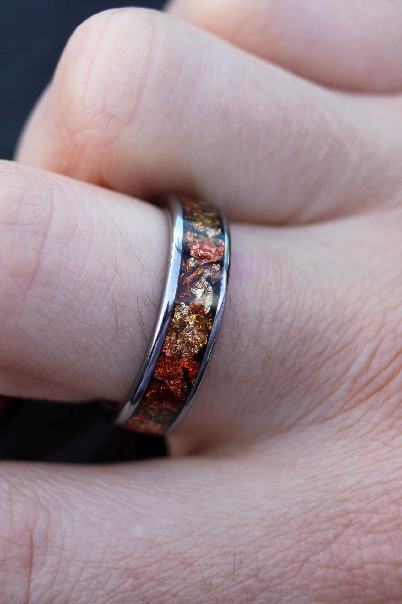 Tungsten Wedding Band Ring with Golden Ember Accents, Engagement rings, anniversary rings, silver wedding ring, rose gold ring, silver band