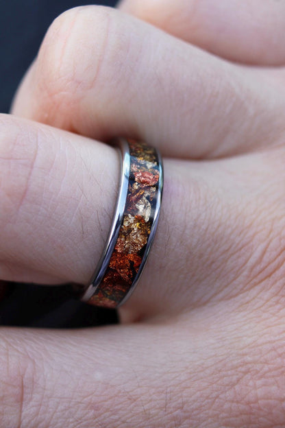Tungsten Wedding Band Ring with Golden Ember Accents, Engagement rings, anniversary rings, silver wedding ring, rose gold ring, silver band