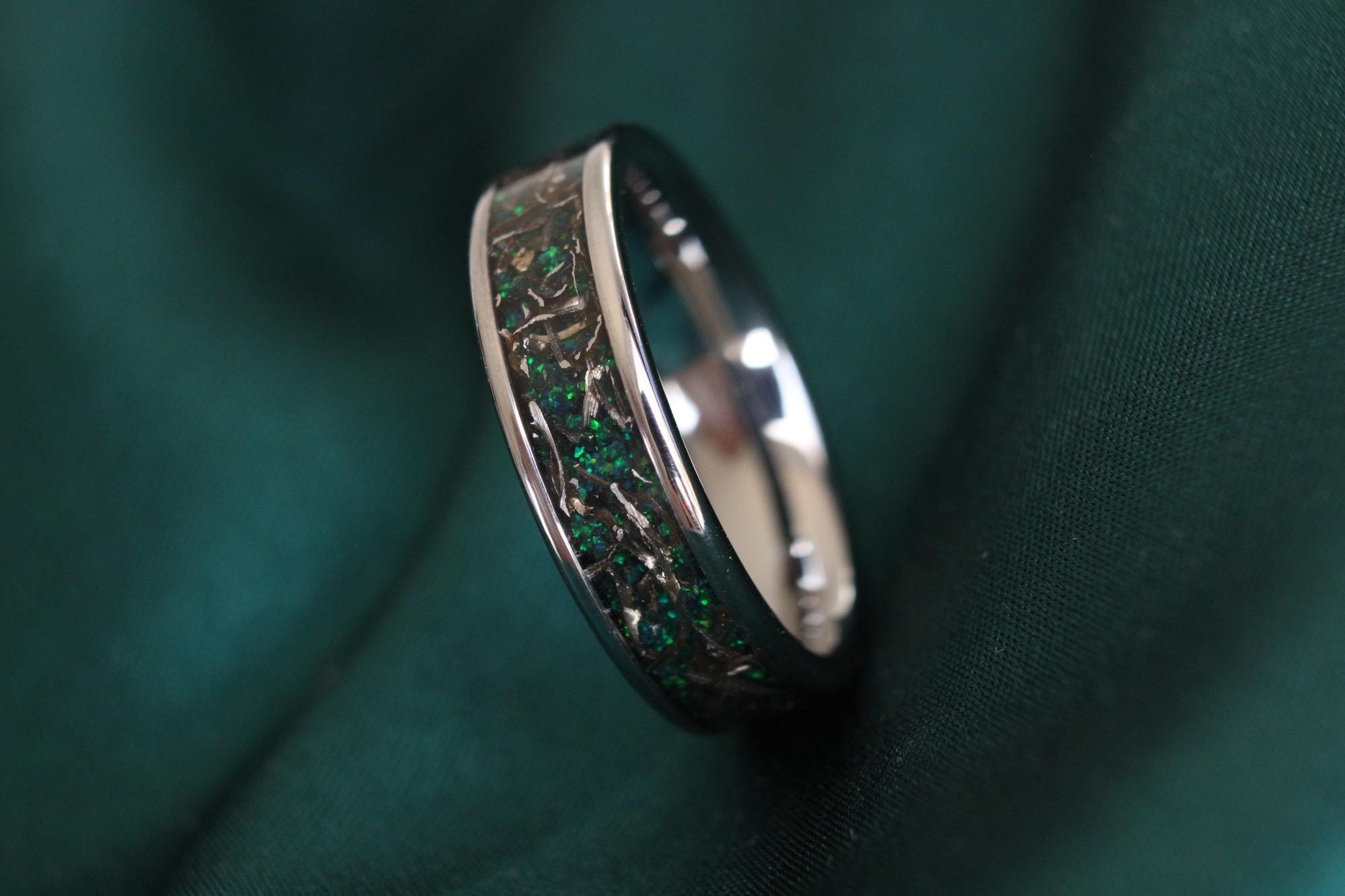 Real Meteorite And Green Opal, Tungsten Wedding Ring Set