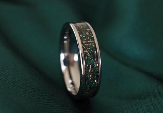 Real Meteorite And Green Opal, Tungsten Wedding Ring Set