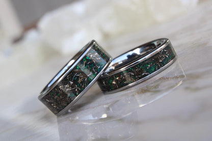 Real Meteorite and Green Opal, Tungsten Wedding Ring Set, His and Hers