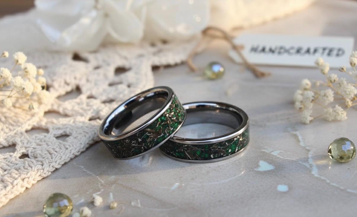 Real Meteorite and Green Opal, Tungsten Wedding Ring Set, His and Hers