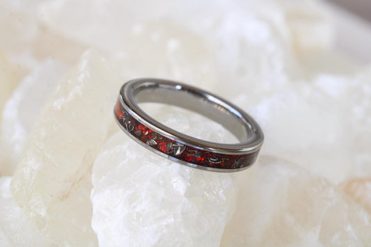 Real Meteorite And Red Opal Tungsten Carbide Ring, Bespoke Wedding Band