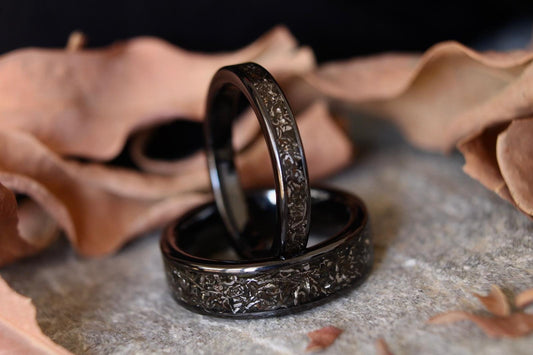 Real meteorite his and hers titanium ring set engagement rings for her matching wedding bands his and hers promise rings anniversary set