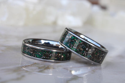 Real Meteorite and Green Opal, Tungsten Wedding Ring Set, His and Hers