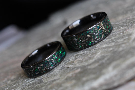 Real meteorite and green opal titanium ring set engagement rings for her matching wedding bands rings his and hers promise rings jewellery